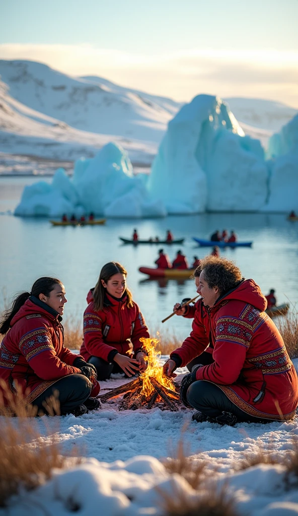 Visualize the inhabitants of Greenland Island doing their activities.