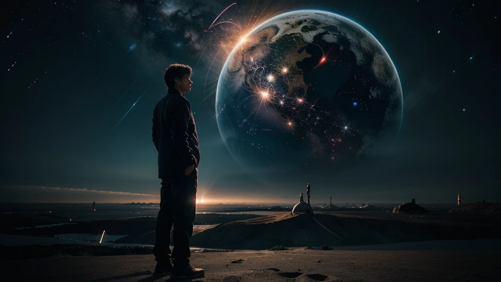 Create a scene that represents the interconnectedness of the universe, with a person standing in the foreground, sensing these cosmic energies