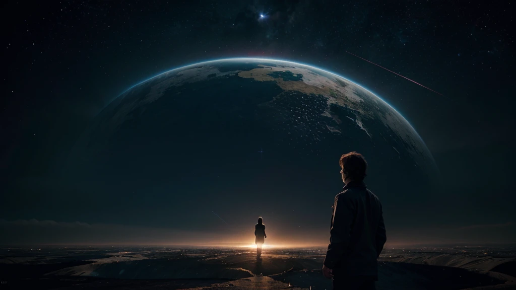 Create a scene that represents the interconnectedness of the universe, with a person standing in the foreground, sensing these cosmic energies