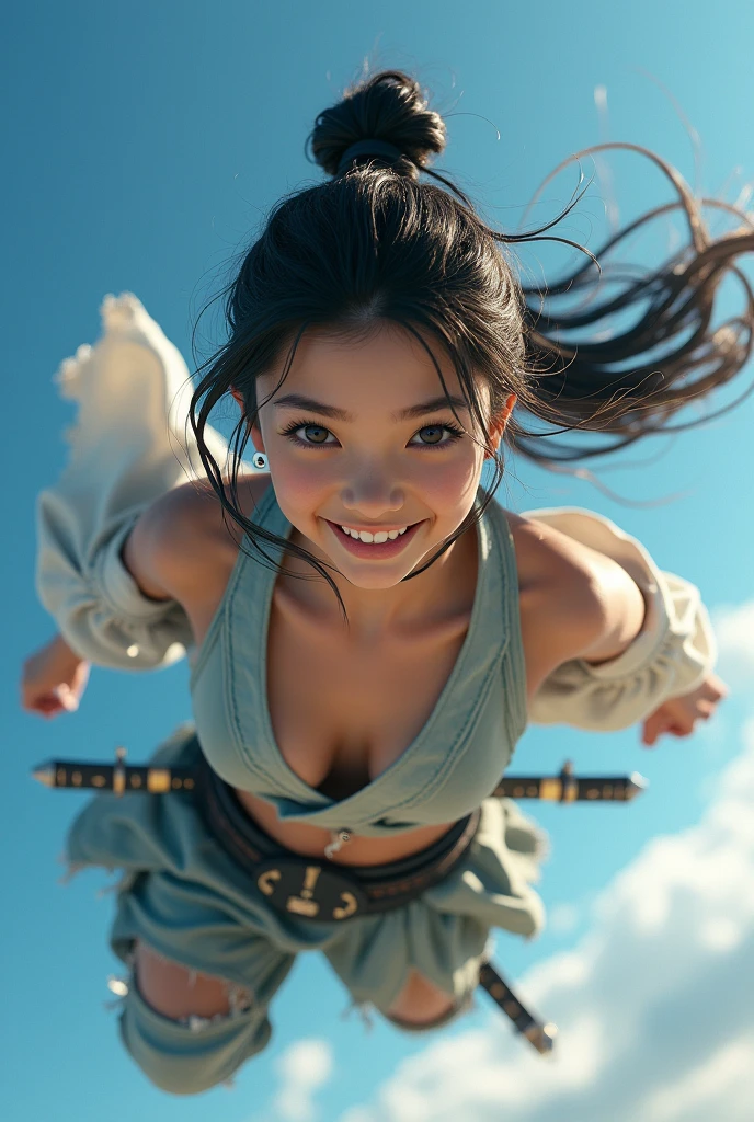 Highest quality, Realistic, Very detailed, finely, High resolution, 8k、Japanese Ninja、Tie your hair、fly in the sky、Double teeth、A face with dimples、Beautiful clavicle、Beautiful inner thighs、Delicate eyes、Facing forward、looking at the camera、Shuriken in the inner thigh、Torn clothes、With belly button piercing、smile