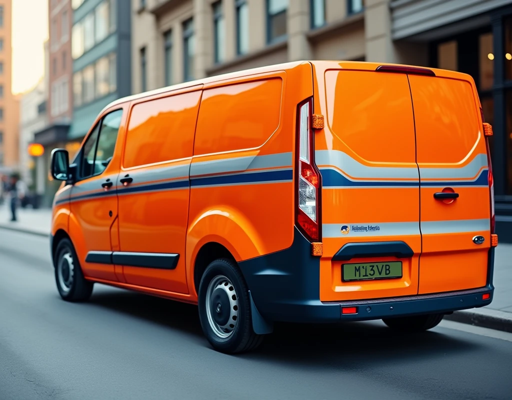 make an image of an orange delivery van with white and dark blue stripes make it realistic and of an image size for notebook background