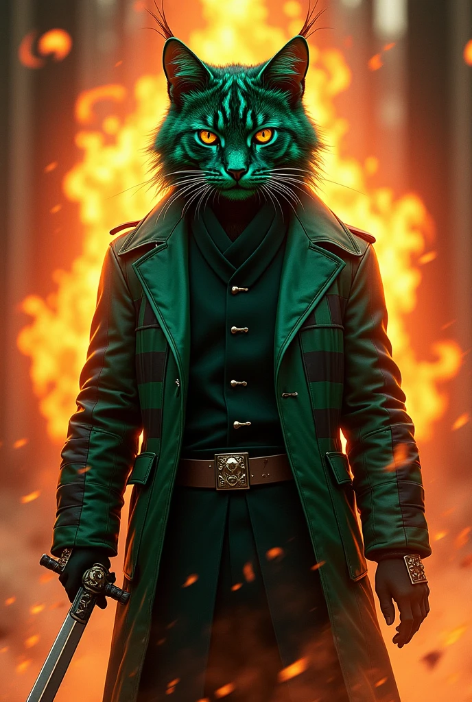 A live-action version of Demon Slayer, but it's a cat instead of a human.。
Behind him is a flame aura。
Tanjiro the cat wearing gloves。Standing with a sword。
Green and black two-tone checked jacket。
Bruise on left forehead。
Rectangular earrings on both ears。