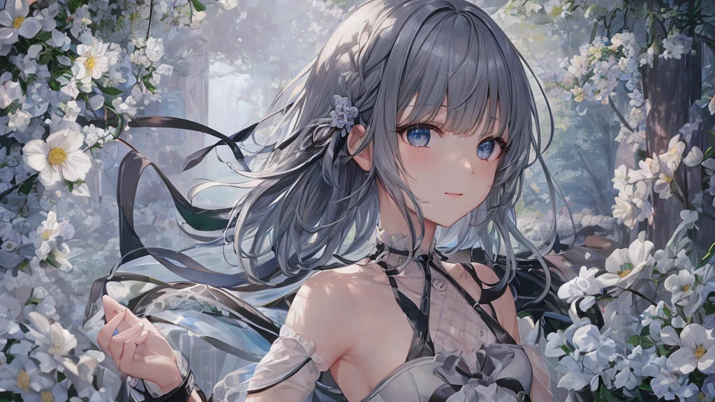 Open your mouth、Flower Field、Her eyes were shining、Mysterious and enchanting atmosphere。With AI Painting、とてもshort hair, Long bangs between the eyes, Very detailed,(masterpiece、Highest quality)、alone、Gray Hair、Fantasy, Silver Hair, Fantasyな風景、smile、Open your mouth、short hair、short hair、hairpin、black eye、Grey Eyes、Beautiful Eyes、Black Shirt、White hoodie