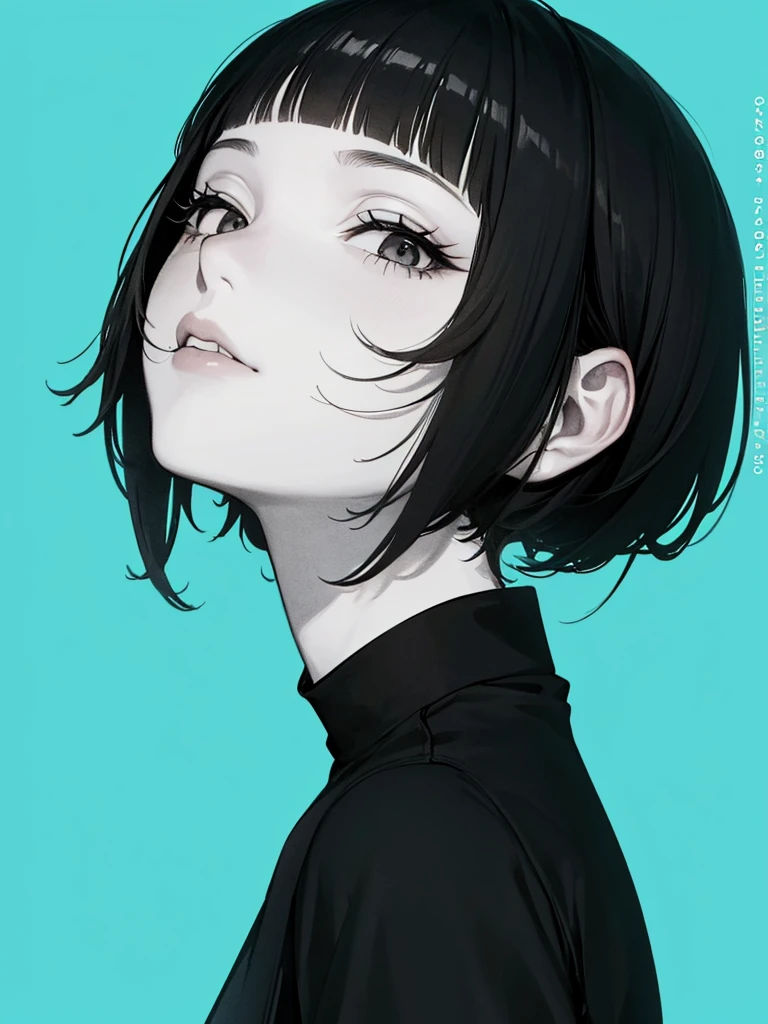 1girl, solo, monochrome, greyscale, short black hair, portrait, T-shirt, closed mouth, looking at viewer, sketch, graphite \(medium\), detailed lips, hatching \(texture\), without makeup, bangs, upper body, (best illustration), (best quality), (very detailed), (masterpiece), expressionless,