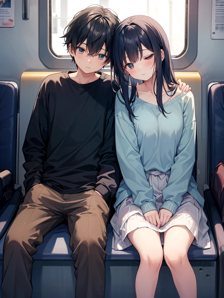 One girl and one boy、on the train、(Inside the car in the evening)、Girl and boy sitting on a bench、sit side by side、(A girl sleeps with her head resting on a boy&#39;s shoulder)、Girl with eyes closed and mouth slightly open、Blush boy、Sunset、