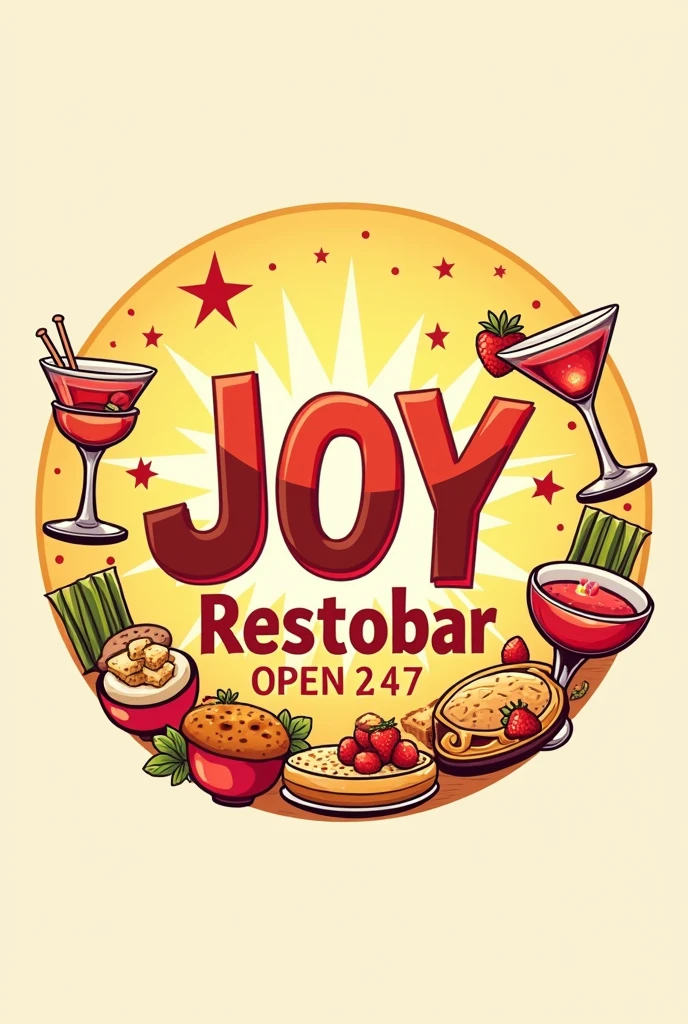 Create logo cyrcle name "Joy restobar open 24/7"