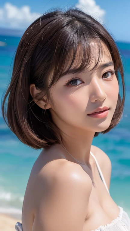 (masterpiece:1.3), (8k, Realistic, RAW Photos, Best image quality: 1.4)、(Cute hairstyle:1.2)、Large Breasts:1.2、Breastfeeding 1.Too big、Round ass、Complete look、Highly detailed face、Eye for details、double eyelid、With one heart、Sharp focus:1.2、Beautiful Japanese Women:1.4、Light brown hair、Highest quality、masterpiece、Ultra-high resolution、(Realistic:1.4)、Natural light、((Hawaii'Most popular bikinis))、 One gift'shoulder、slim、Serious expression、Short and delicate hair, Tropical Beach, Beach Background, Tropical Tree