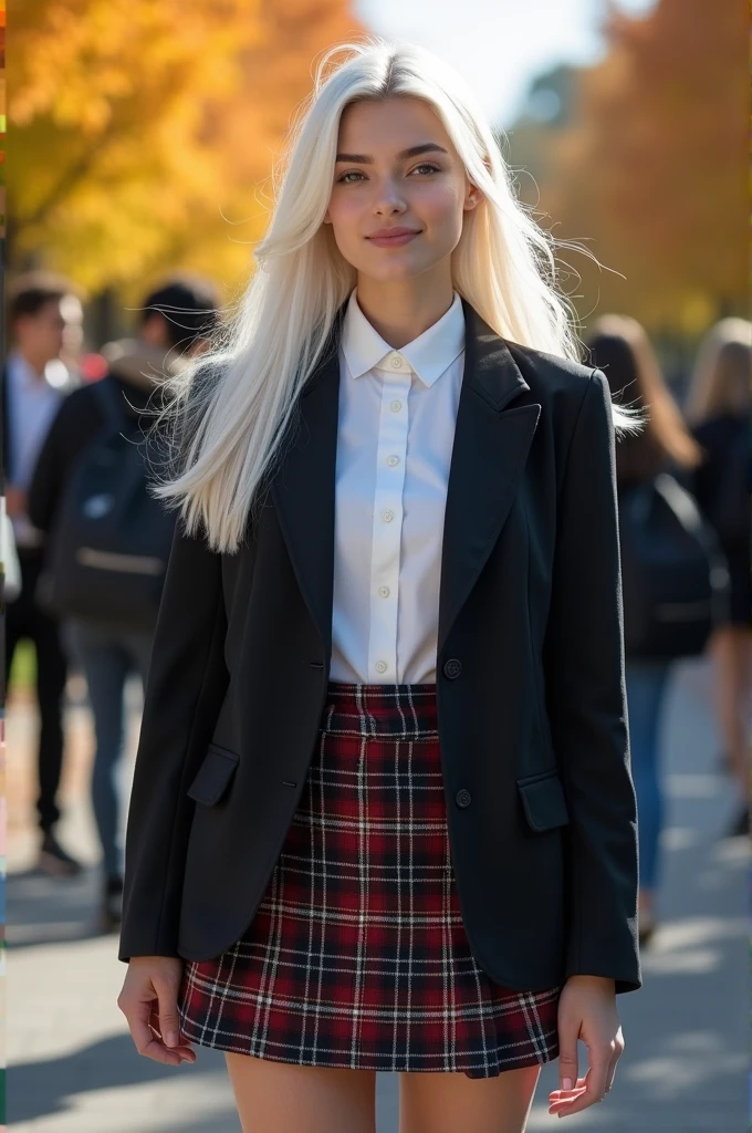 Make a white haired pretty 18 years old woman who only wear school uniform and showing the color of her white panties under her skirt.