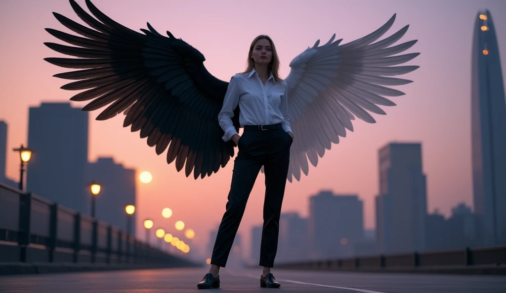 A woman with a wings that have a color of black in the left and white in the right. And with the outfit of a black sclacks and with office shirt