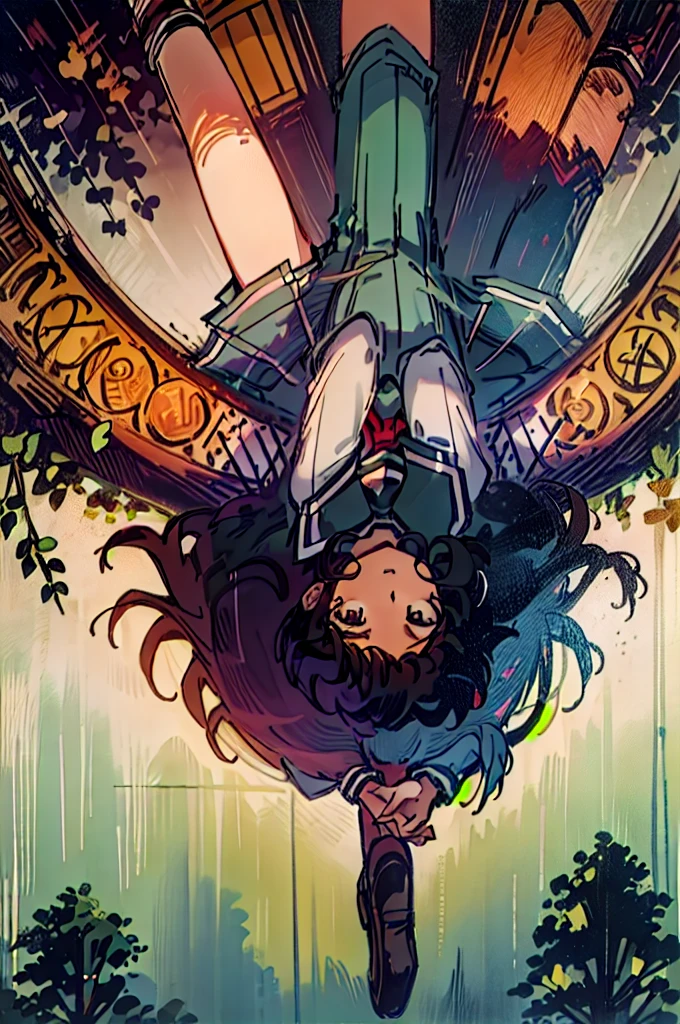 tarot card, the hanged woman, woman, upside down, hanging from tree by ankle, tarot style, kagome, long hair, black hair, brown eyes, bangs, school uniform, serafuku, sailor collar, red neckerchief, Kagome Higurashi, Brown eyes, full bodyesbian, Photorealistic, (Hyperrealistic:1.2), Perfect eyes, Perfect face,
