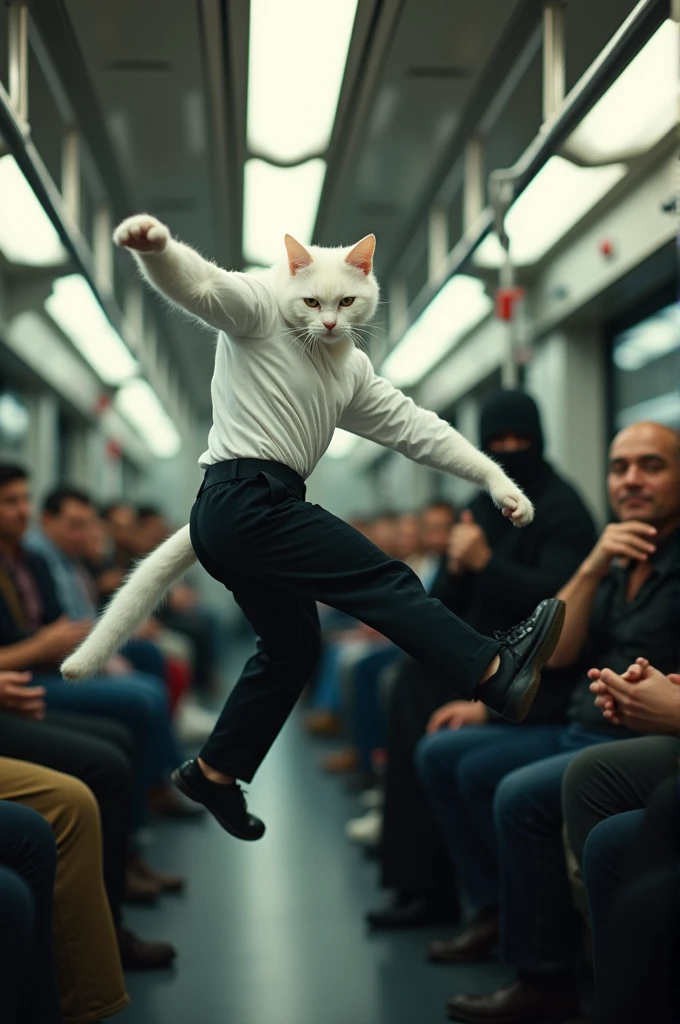 A white tall muscular cat dressed in white shirt and black pant jumps in air kicks off a robber with black mask on face and pistel hand who cries in pain in train