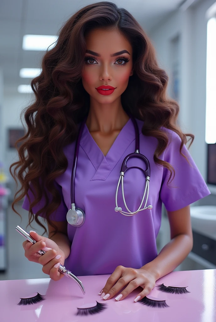Bratz type woman with very curly long light brown hair, light brown complexion with red lips, dark brown eyes, with tweezers to apply eyelashes in hands and purple surgical uniform without stethoscope