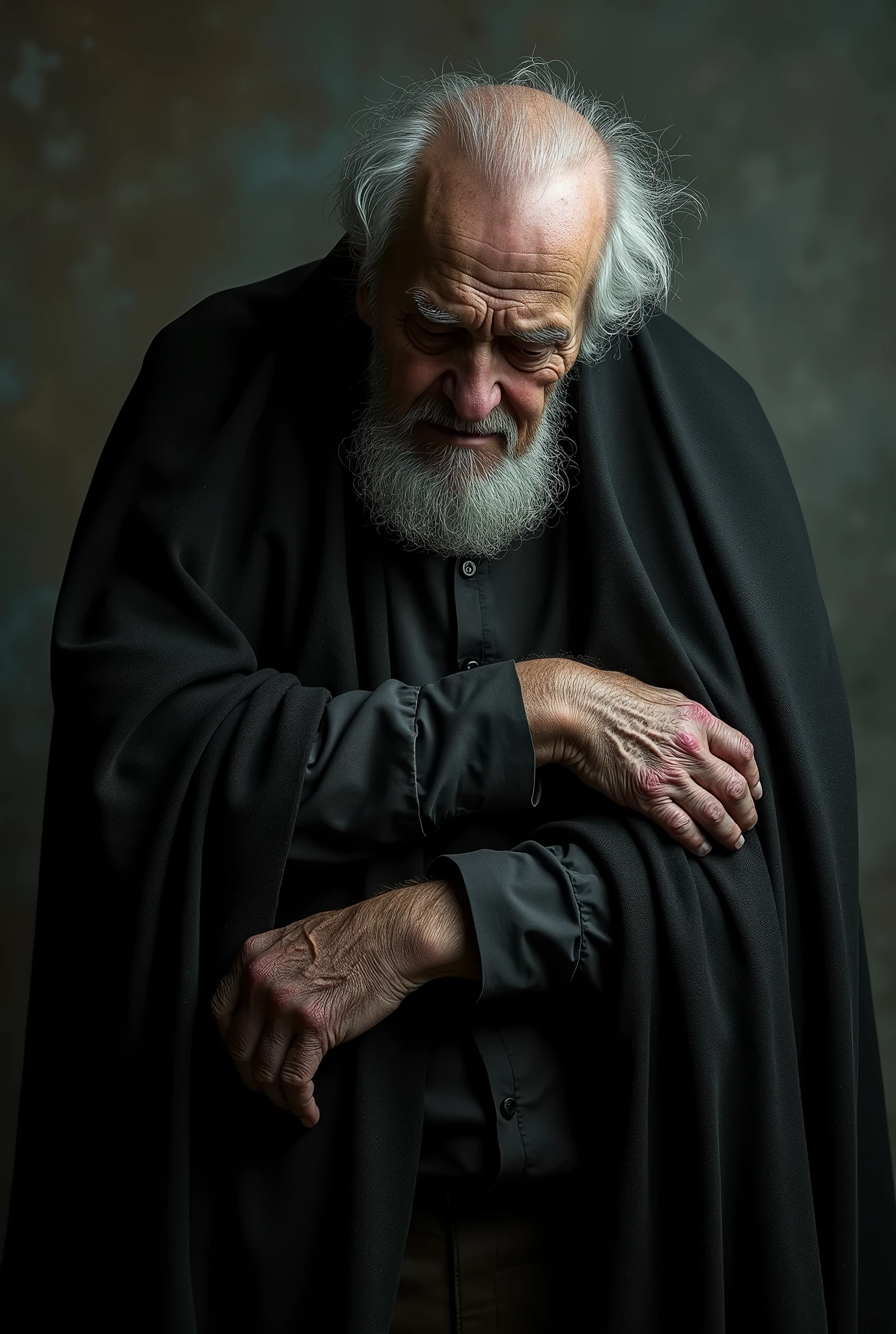 A grunge style photograph of an old man with tears in his eyes hugging the grim reaper, poignant, dramatic lighting, high contrast