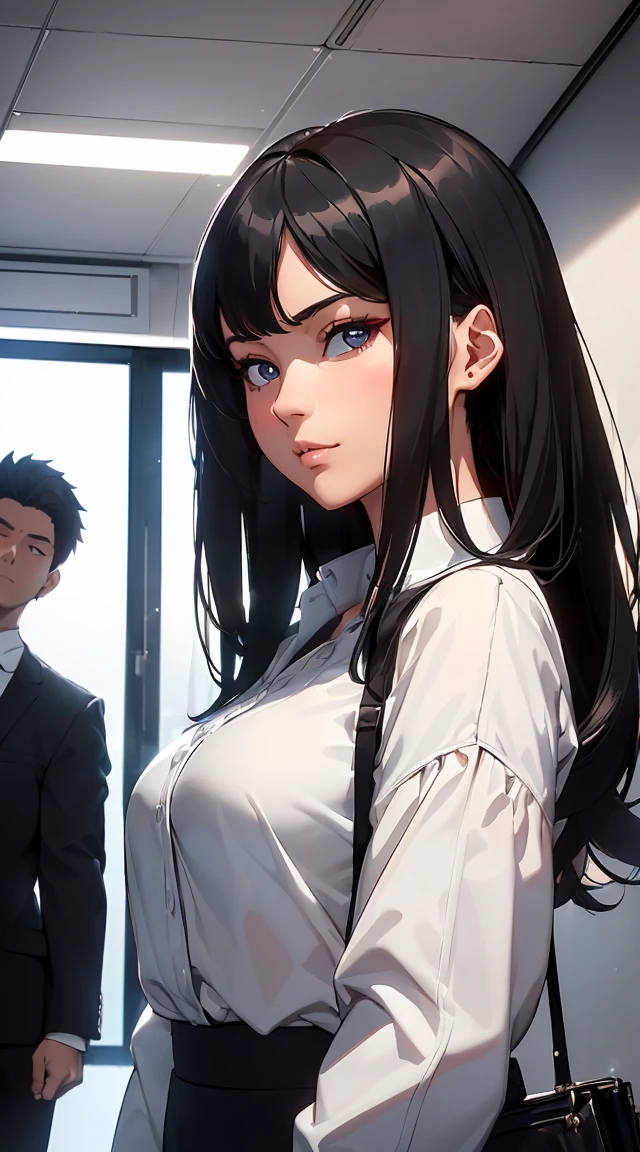 masterpiece, Highest quality, 非常にdetailedな CG Unity 8K 壁紙, Ultra-realistic 8k CG, Perfect artwork, Dramatic Shadows, (Spotlight, Perfect lighting, detailedな光, (((26-year-old woman and her boss))), office, A woman looking over her boss' shoulders,((Black Hair, Straight Hair)), (((Sexy pose))), Model body type, Ample breasts, ((Cute Face)), (Serious face): 1.2), (White blouse with collar,Dressed properly), beautiful顔, (beautiful胸のライン:1.2), (Cleavage), beautiful, Exquisite features depicting a perfect face, Natural beauty, Slender, 軽やかでbeautiful太ももの表現, officeレディ,Navy blue tight skirt, (Listening to instructions from superiors), A gentle smile, A woman who can work, detailed, Realistic Light and Shadow, 8k resolution, Professional Lighting, (Glowing Skin:0.9), Perfect hands,