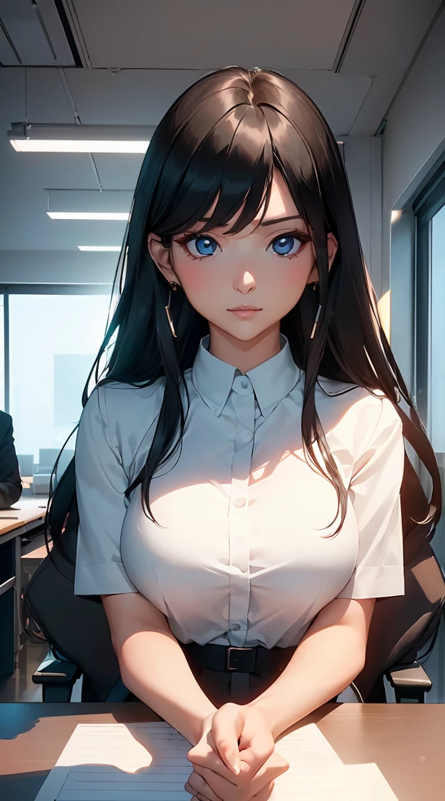 masterpiece, Highest quality, 非常にdetailedな CG Unity 8K 壁紙, Ultra-realistic 8K CG, Perfect artwork, Dramatic Shadows, (Spotlight, Perfect lighting, detailedな光, (((clear, serious))), ((The woman is not looking at the viewer)), office, ((Black Hair, Straight hair)), Model body type, Ample breasts, (Cute Face), (White blouse with collar,The chest buttons are closed), beautiful顔, (beautiful胸のライン:1.2), beautiful, Exquisite features outline a perfect face, Natural Beauty, thin, 軽やかでbeautiful太ももの表現, officeレディ,Navy blue tight skirt, Gentle look, detailed, Realistic Light and Shadow, 8k resolution, Professional Lighting, (Glowing Skin:0.9), Perfect hands,