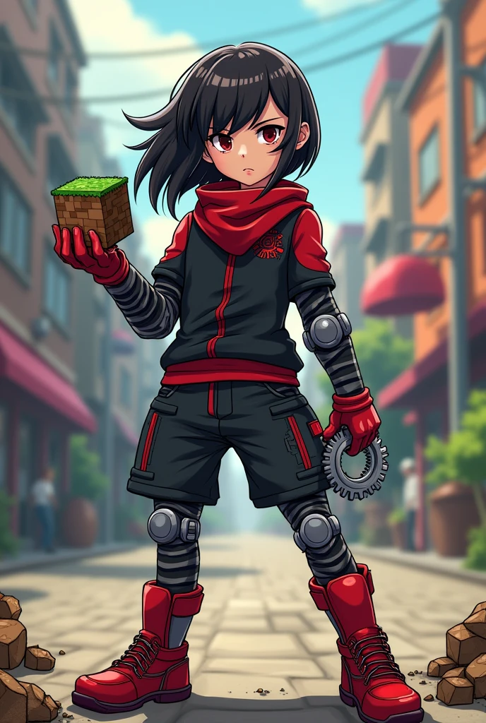 girl human half cyborg ninja persona5 blurbackground fullbody holding minecraftdirt on lefthand and holding cog on righthand 2dcartoon