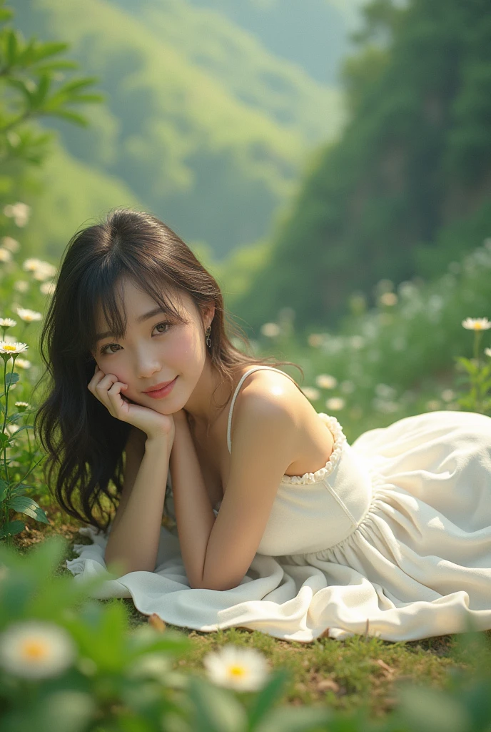 Highest quality, Chest Focus, Soft Light, Ultra-high resolution, (Realistic:1.4), RAW Photos, 1 Japan Girls, alone, cute, (Brown eyes, Light in your eyes), Beautiful face in every detail, (Small box),(High resolution detail of human skin texture), break, Japanese beauty、Small valley、White dress、smile、plateau、stroll、、No sleeve、Lying down