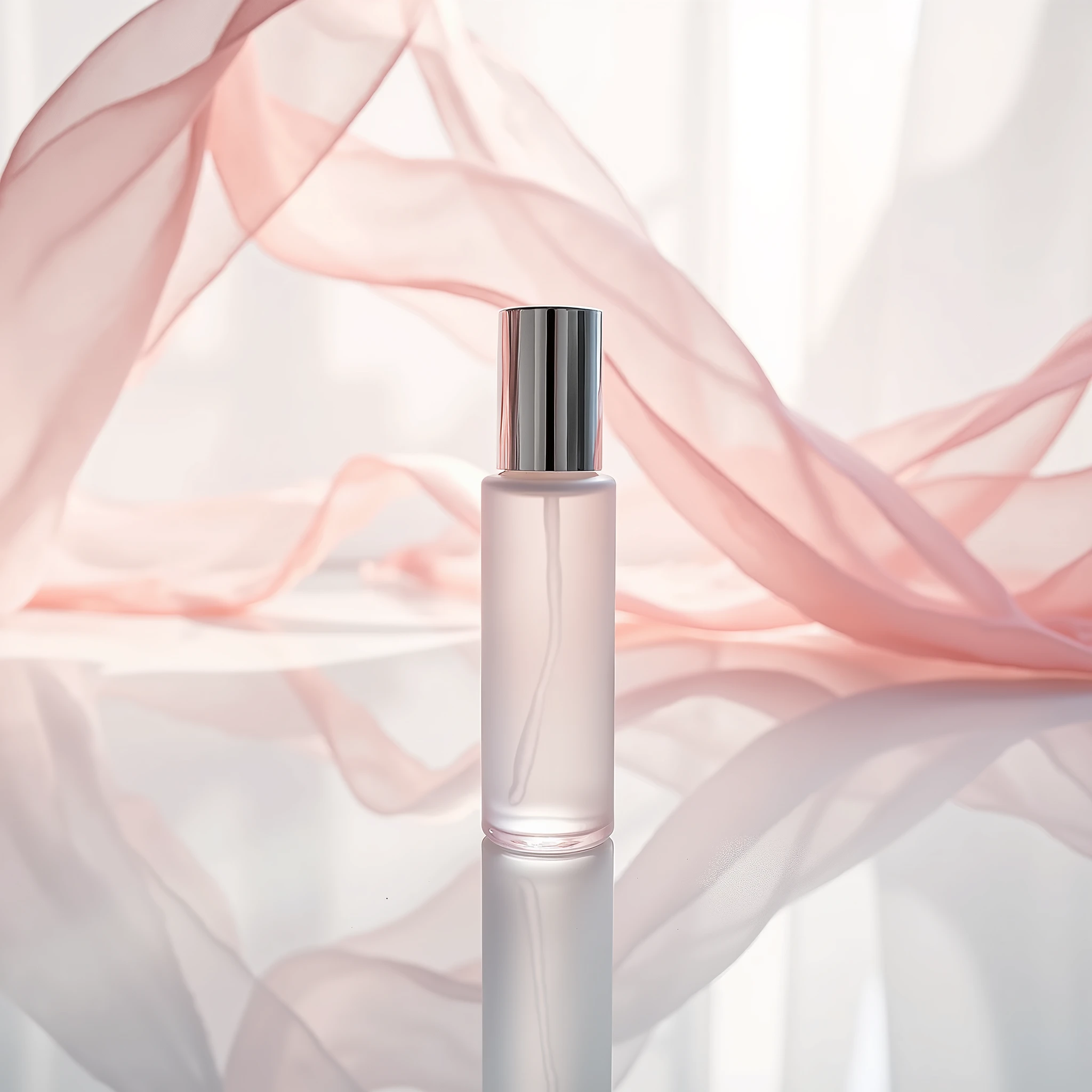 In this bottom view shot , the whitening essence bottle sits on a gleaming white surface , surrounded by wisps of pink chiffon . The bottle is slender and sophisticated , with a clear glass body and a gleaming silver cap . The chiffon adds a delicate , feminine touch to the image , while the clean lines and minimalist styling emphasize the elegance of the product . Shot by Ellen von Unwerth , using a Sony Alpha a7R IV and a Sony FE 50mm f /1.8 lens iw 2 --s 50