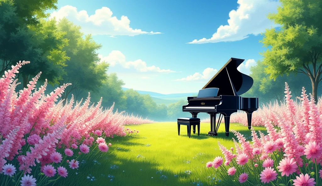 Bright summer daylight. A large black grand piano is placed in a sprawling flower garden, pink and white flowers are in full bloom, and soft sunlight is shining on them. The sky is a clear blue, with few clouds and strong sunlight casting shadows on the earth. The trees in the distance are dark green, expressing the vividness of summer. Overall, bright, warm light fills the scene, vividly depicting the beauty of nature.” Paint in the style of a watercolor painting.