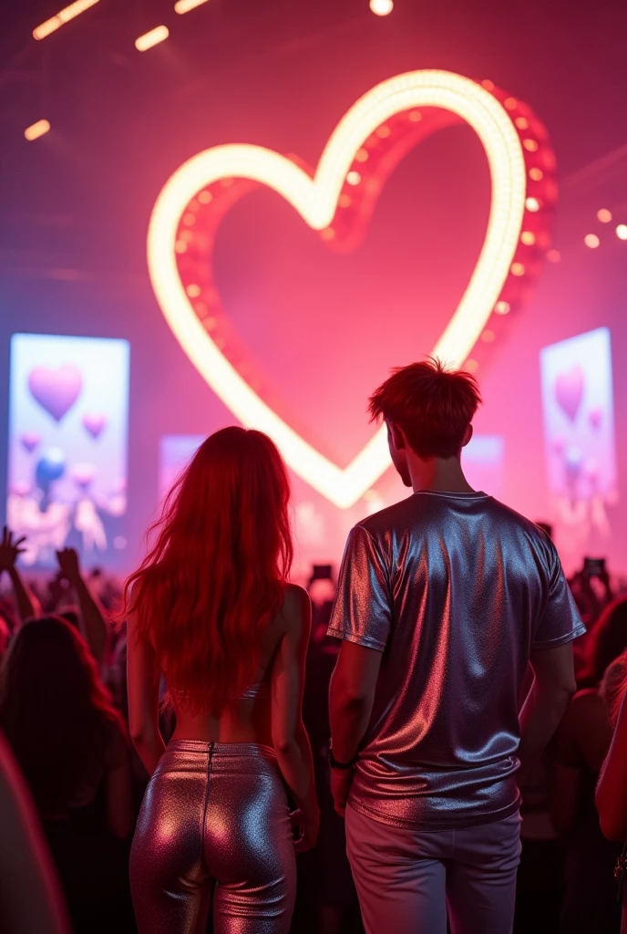 red-haired woman,with a red-haired man in shiny silver clothes,in a show with big screens and a heart structure as a big red neon stage,the two in the crowd