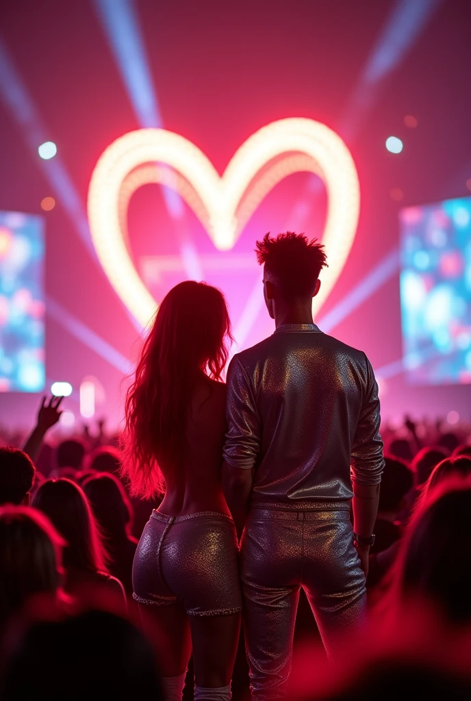 red-haired woman,with a red-haired man in shiny silver clothes,in a show with big screens and a heart structure as a big red neon stage,the two in the crowd 