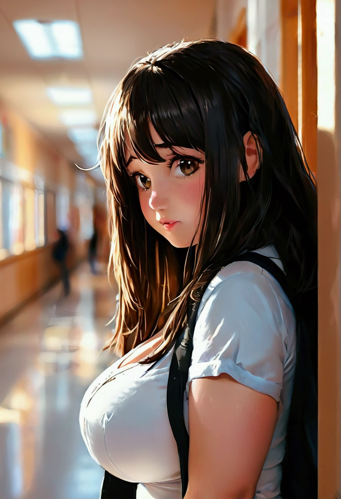 Bbw, super thicc, massive breasts, very tall, ((3 meters tall)). Brunette,blushing and smiling, fat, head reaches The ceiling. In a school hallway. Wearing tight clothes, so tall she has to Lean down. Leaning down looking Down at The camera. ((Picture taken looking up at her breasts) ((Minigiantess)) 