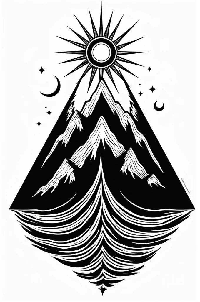 The image is a black and white drawing of a geometric design that includes a sun, moon, mountains, waves, and a waterfall. The elements are arranged in a triangular pattern.
The image may be called something like "Geometric Nature," "Elements of Nature," or "Triangle Nature."