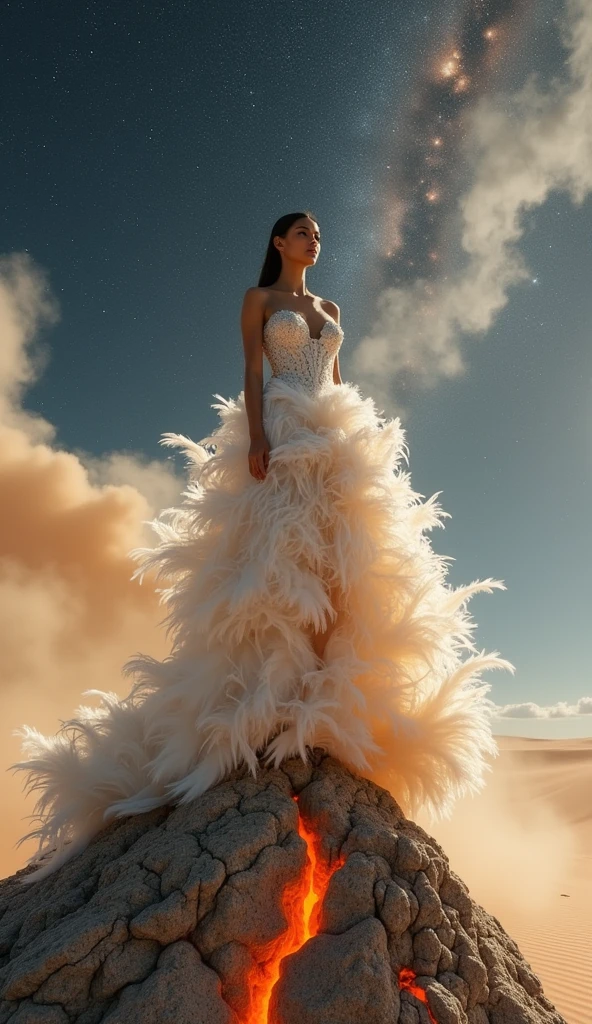 ((best quality)), ((masterpiece)), (detailed), perfect face A indian model wearing iris van herpen stands on a rock in the desert, with lava on the rock, feathers on her shoulders, In the middle of the picture is a swirl of sand, classical clean, smoke, Earth surface, cosmic background, hyper wide shot, hyperrealistic, photographic works, detailed, minimalism, --v 6.1 --ar 16:9