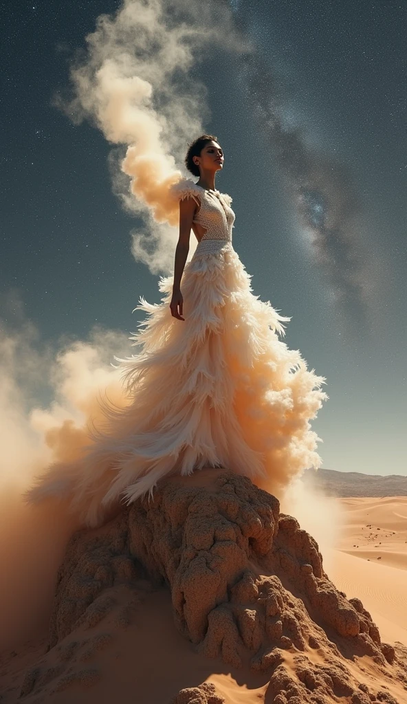 ((best quality)), ((masterpiece)), (detailed), perfect face A indian model wearing iris van herpen stands on a rock in the desert, with lava on the rock, feathers on her shoulders, In the middle of the picture is a swirl of sand, classical clean, smoke, Earth surface, cosmic background, hyper wide shot, hyperrealistic, photographic works, detailed, minimalism, --v 6.1 --ar 16:9