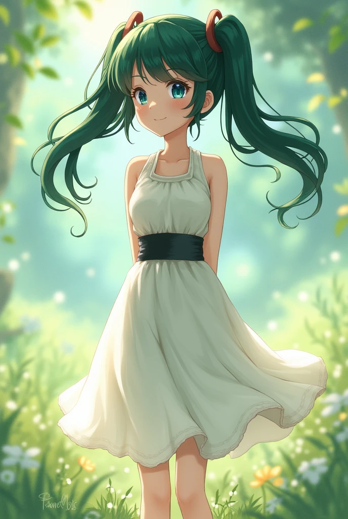 innocence, dark green hair, twin tail, arms back, white dress, Black waist belt, female,blue eyes,