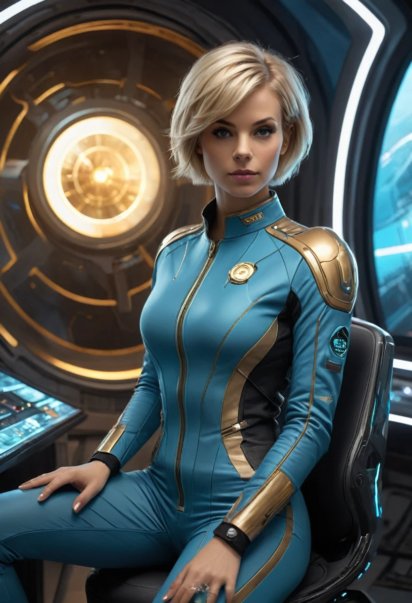 ((gorgeous realistic short hair blonde female 35 years age in a realistic futuristic large cockpit)), in a large room, ((playing Computer Games)), ((sitting on a stool with display and glowing control surfaces)), she is wearing a teal and grey gold badge track suit, (photorealistic), (in light grey and teal T Shirt and slacks), (Style-Glass), (()), hdr, antialiased, 8k, ((syd mead)), sharp details, ((masterpiece)), (painterly), (good ???????), (good proportions), (good composition), (drama paint), (style-sylva magic) (perfect hands and fingers) busy day on a big space ship,