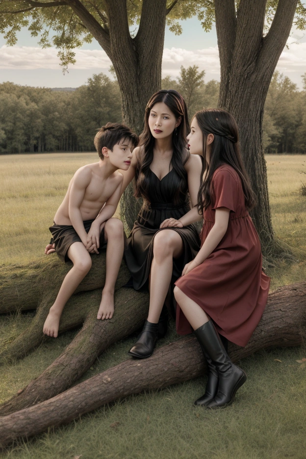 Eve talking to her sons Cain and Abel, sitting on a log in a grassy field, under a tree