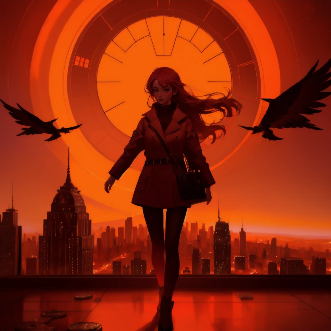 A girl in a luxurious red bedroom, with cash and Bitcoin scattered on the floor. Above her, a fiery portal reveals a distant cityscape, with flying vehicles zooming toward it, all within a surreal red-tinted atmosphere.