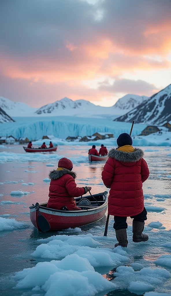 Visualize the inhabitants of Greenland Island doing their activities.