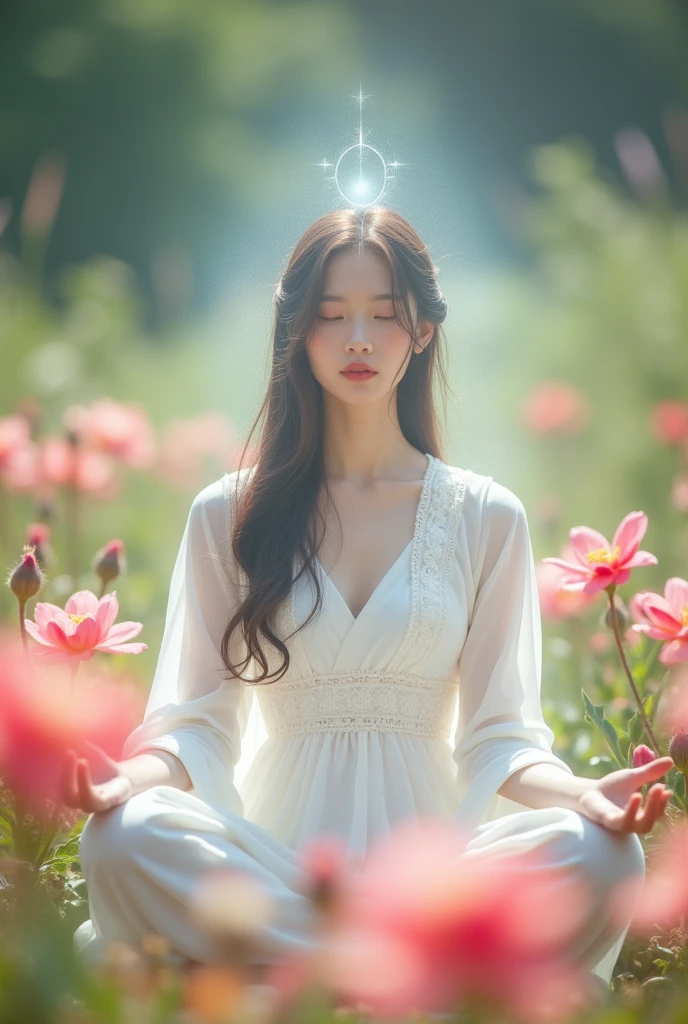meditation girl, korean idol, white aura back her head and body,flower garden background, bokeh, 8k, realistic, sacred expression, 깨끗한 피부, 주름 없음, 하얀 얼굴
