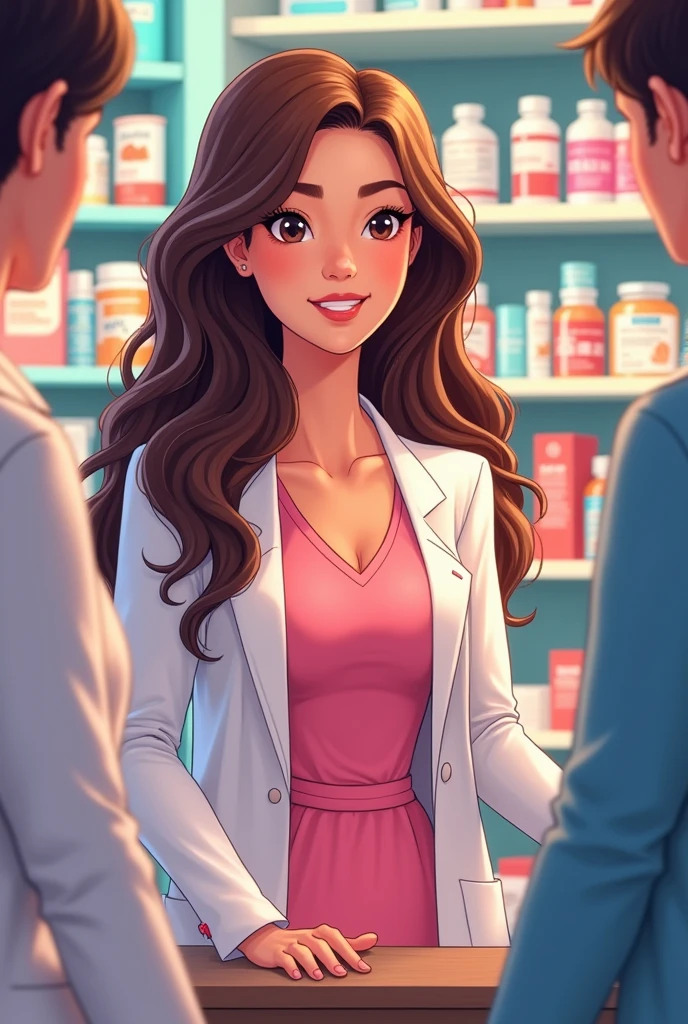 Beautiful Asia Woman cartoon Pharmacist with long light brown curved hair, wearing pink dress inside and gown outside, talking with the customer in the drugstore.