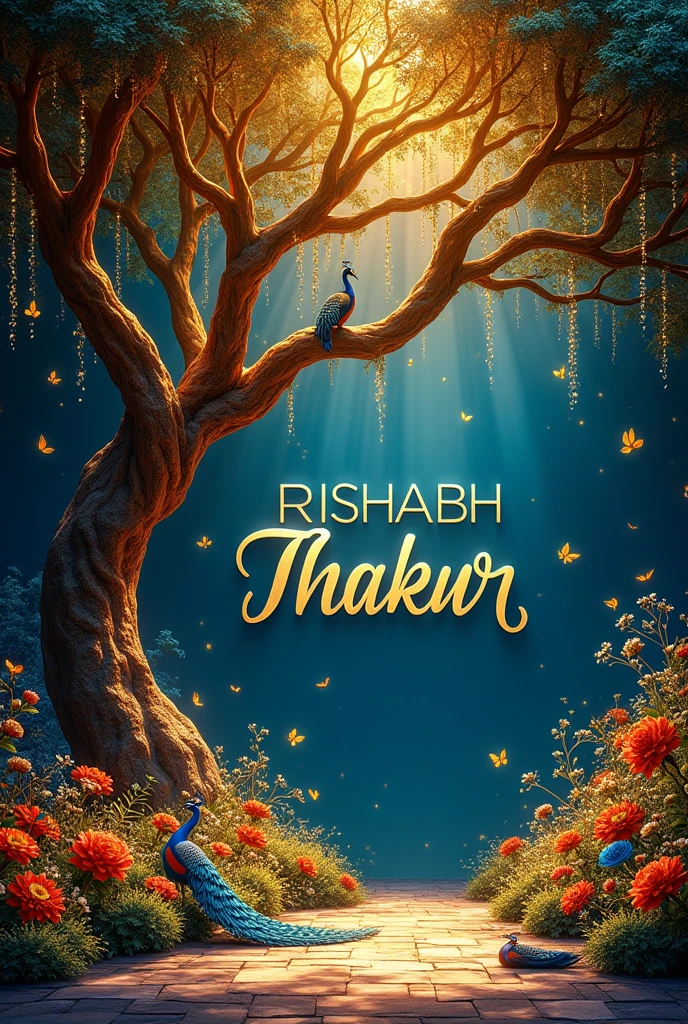 A beautifully decorated stage backdrop with the name 'RISHABH THAKUR' in elegant, flowing script. The background is a deep, rich blue with warm yellow and orange lighting accents. The backdrop fea- tures a large, intricately designed tree with gold and blue leaves, creating a magad enchanting atmosphere ere are golden raindrop-like lights hanging from above, and colorful butterflies and peacocks adorning the scene. The lower part of the backdrop is decorated with vibrant flowers and foliage in shades of green, blue, orange, and yellow, giving a festive and nature-inspired feel."