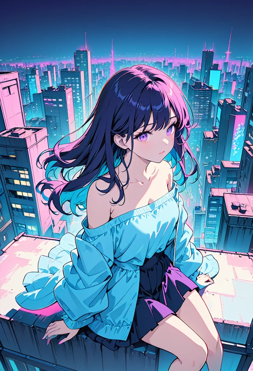 masterpiece,Highest quality,1 Synthwave style girl,Blue outline,Neon lit street,Blue fluorescent paint,alone,From above,Cowboy Shot,Sitting on the roof of a building,Highly detailed CG,Flat Color,Limited edition palette,No Line Art,silhouette,Partially colored,Alternative color,Dynamic Angle,Blue long top champagne,Deep purple shadow,Synthwave,chromatic aberration,(alone focus),Perfect Shadow,Wearing an off-the-shoulder floating jacket,Delicate face,Bare shoulders,Beautiful and delicate eyes,Delicate background,Blue Neon Light,