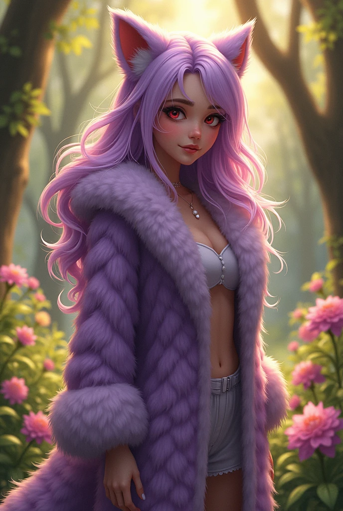 1 girl , Big Breasts , Thin waist , Becoming a full-fledged woman , purple fur, red eyes, light purple hair,fur-trim, Furry