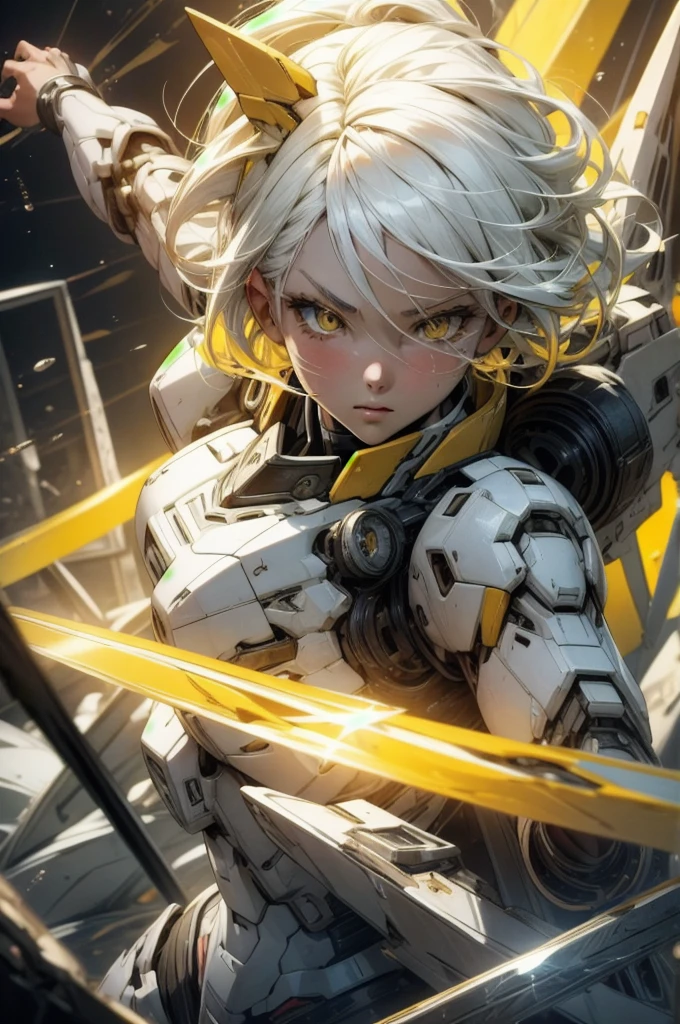 masterpiece, ultra-detailed, best quality, 1girl, white hair, yellow hair, perfect face, looking at viewer, glass, mecha, fight scene, dynamic pose