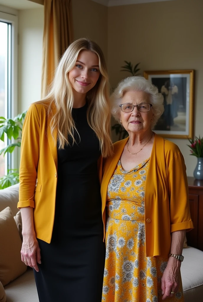 Create a realistic image of a 20 year old woman, long blonde hair, blue eyes, cheekbones, ((full body)), dressed with a black colored dress, black colored heeled shoes, a yellow colored jacket mustard, next to her grandmother who is dressed in a flowered dress, background image: a living room, head to toe, full body