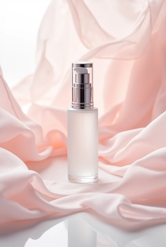 In this bottom view shot , the whitening essence bottle sits on a gleaming white surface , surrounded by wisps of pink chiffon . The bottle is slender and sophisticated , with a clear glass body and a gleaming silver cap . The chiffon adds a delicate , feminine touch to the image , while the clean lines and minimalist styling emphasize the elegance of the product . Shot by Ellen von Unwerth , using a Sony Alpha a7R IV and a Sony FE 50mm f /1.8 lens iw 2 --s 50