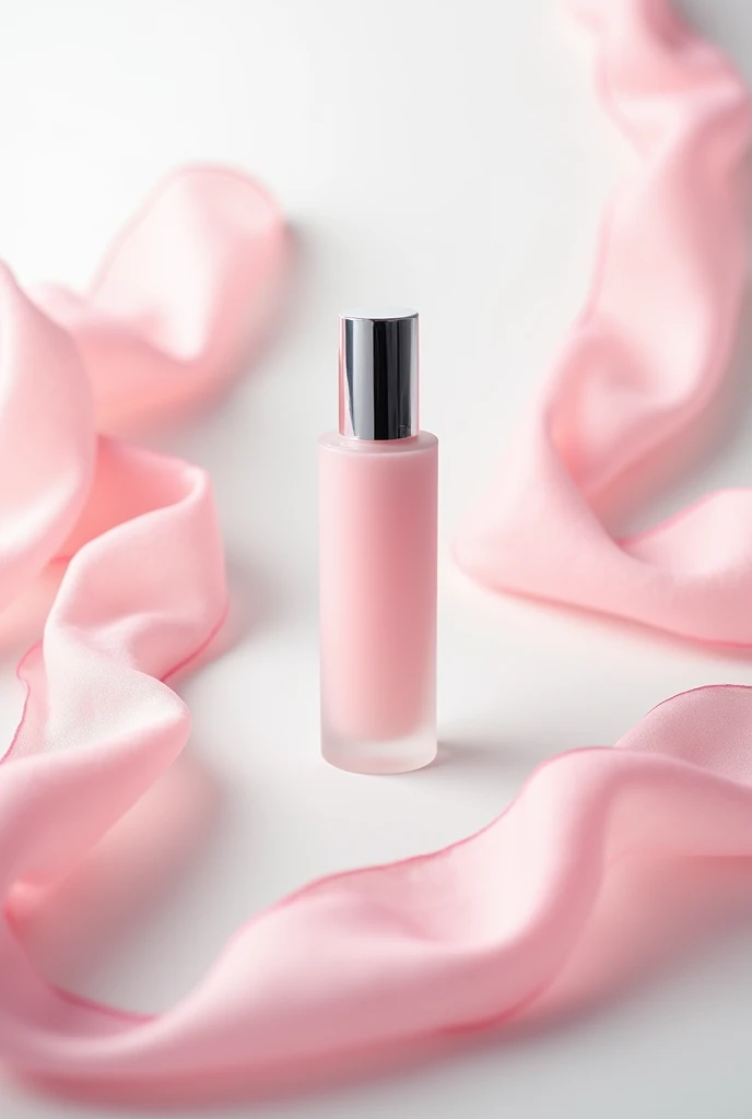 In this bottom view shot , the whitening essence bottle sits on a gleaming white surface , surrounded by wisps of pink chiffon . The bottle is slender and sophisticated , with a clear glass body and a gleaming silver cap . The chiffon adds a delicate , feminine touch to the image , while the clean lines and minimalist styling emphasize the elegance of the product . Shot by Ellen von Unwerth , using a Sony Alpha a7R IV and a Sony FE 50mm f /1.8 lens iw 2 --s 50