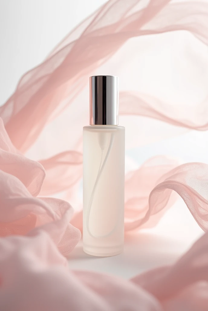 In this bottom view shot , the whitening essence bottle sits on a gleaming white surface , surrounded by wisps of pink chiffon . The bottle is slender and sophisticated , with a clear glass body and a gleaming silver cap . The chiffon adds a delicate , feminine touch to the image , while the clean lines and minimalist styling emphasize the elegance of the product . Shot by Ellen von Unwerth , using a Sony Alpha a7R IV and a Sony FE 50mm f /1.8 lens iw 2 --s 50
