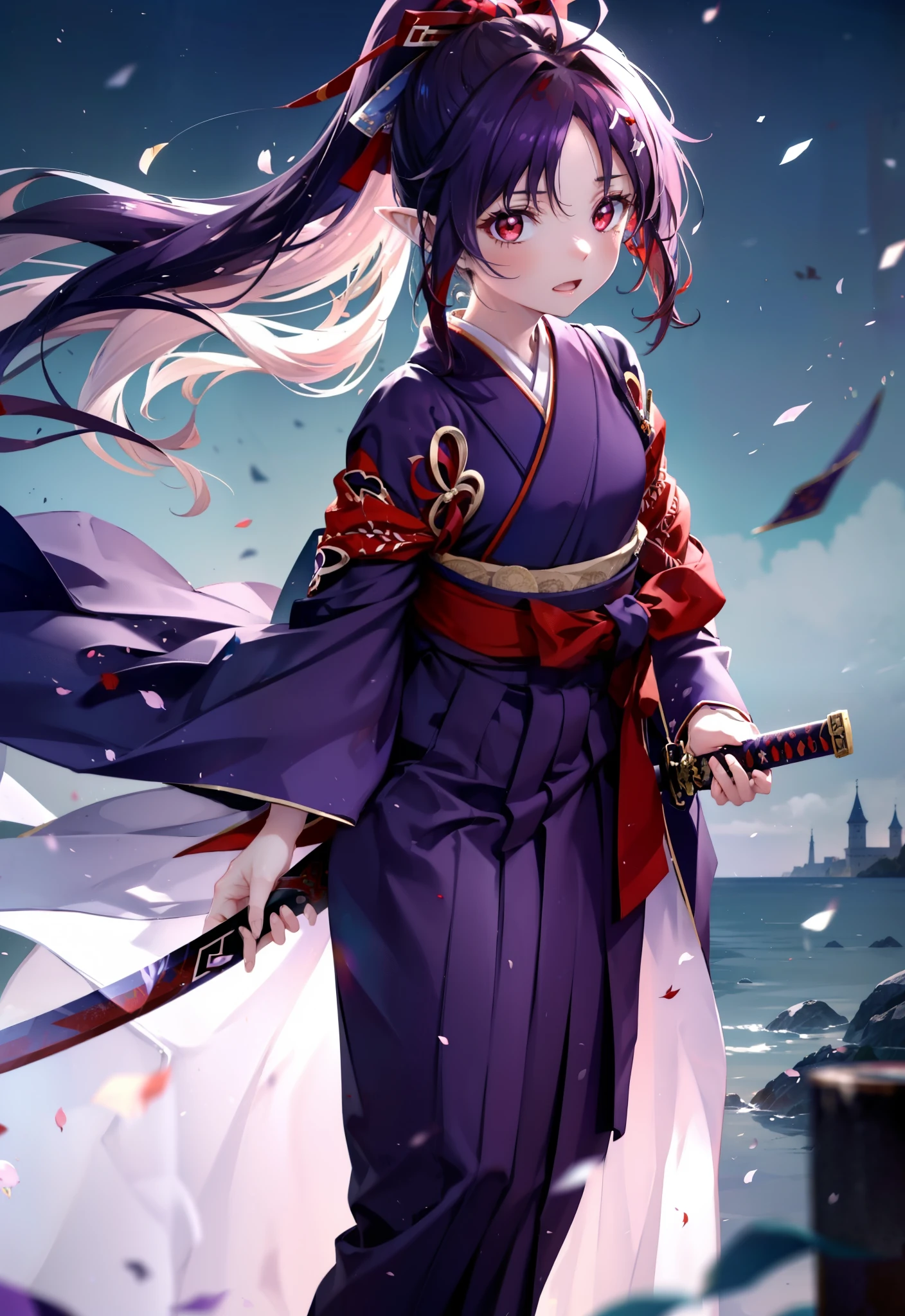 yuukikonno, Yuki Konno, hair band, Long Hair, Pointed Ears,ponytail, Purple Hair, (Red eyes:1.5), (Small breasts:1.2), Open your mouth,Purple Kimono,Red Hakama,boots,Hold the handle of the sword with one hand,Sword Drawing Technique,whole bodyがイラストに入るように,
break looking at viewer, whole body,
break outdoors, Medieval European streets,
break (masterpiece:1.2), Highest quality, High resolution, unity 8k wallpaper, (shape:0.8), (Narrow and beautiful eyes:1.6), Highly detailed face, Perfect lighting, Highly detailed CG, (Perfect hands, Perfect Anatomy),