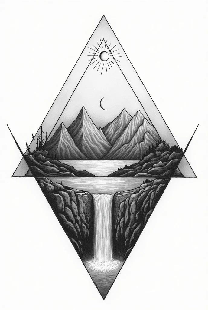The image is a black and white drawing of a geometric design that includes a sun, moon, mountains, waves, and a waterfall. The elements are arranged in a triangular pattern.
The image may be called something like "Geometric Nature," "Elements of Nature," or "Triangle Nature."