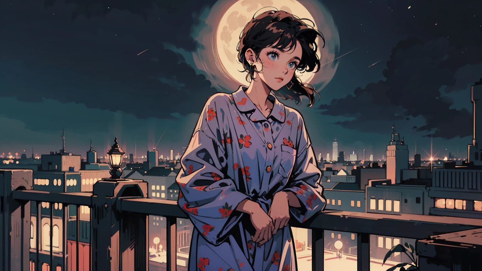 Anime style illustration of young woman on balcony at night. Full moon and starry sky, cityscape below with twinkling lights. The woman wearing pajamas with polka dot pattern. Wearing a big headphone and looking at viewers. Various colors in the image. Balcony railing in foreground. Contrast between dark night sky and bright city lights. Peaceful, contemplative mood. Highly detailed background with buildings. Cozy, late-night atmosphere.