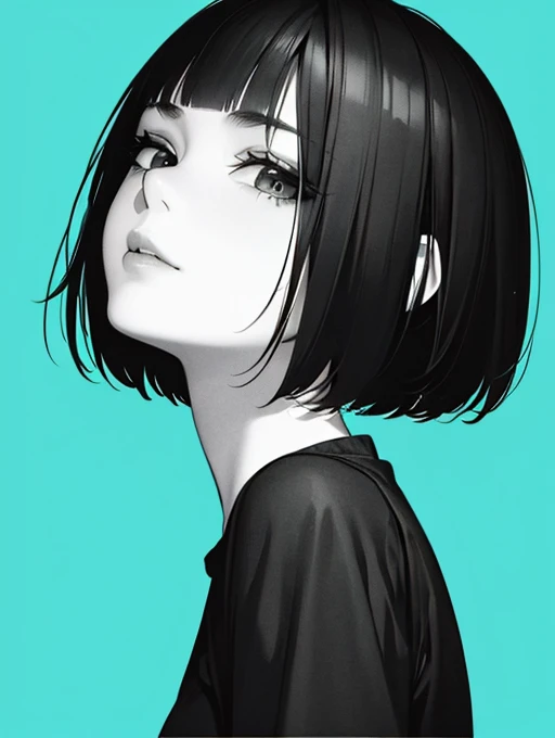 1girl, solo, monochrome, greyscale, short black hair, portrait, T-shirt, closed mouth, looking at viewer, sketch, graphite \(medium\), detailed lips, hatching \(texture\), without makeup, bangs, upper body, (best illustration), (best quality), (very detailed), (masterpiece), expressionless,