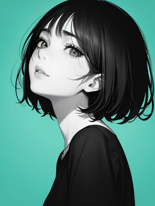 1girl, solo, monochrome, greyscale, short black hair, portrait, T-shirt, closed mouth, looking at viewer, sketch, graphite \(medium\), detailed lips, hatching \(texture\), without makeup, bangs, upper body, (best illustration), (best quality), (very detailed), (masterpiece), expressionless,