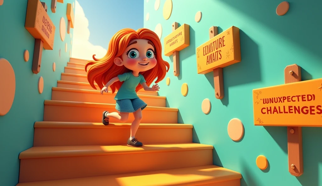 Woman Looking at Signs: A sequence of images showing a woman ascending the floors, pausing at each floor's sign, with expressions ranging from curiosity to disappointment. 3d cartoon  style image 